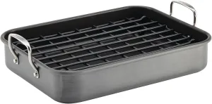Rachael Ray Brights Hard Anodized Nonstick Roaster / Roasting Pan with Rack - 16 Inch x 12 Inch, Gray