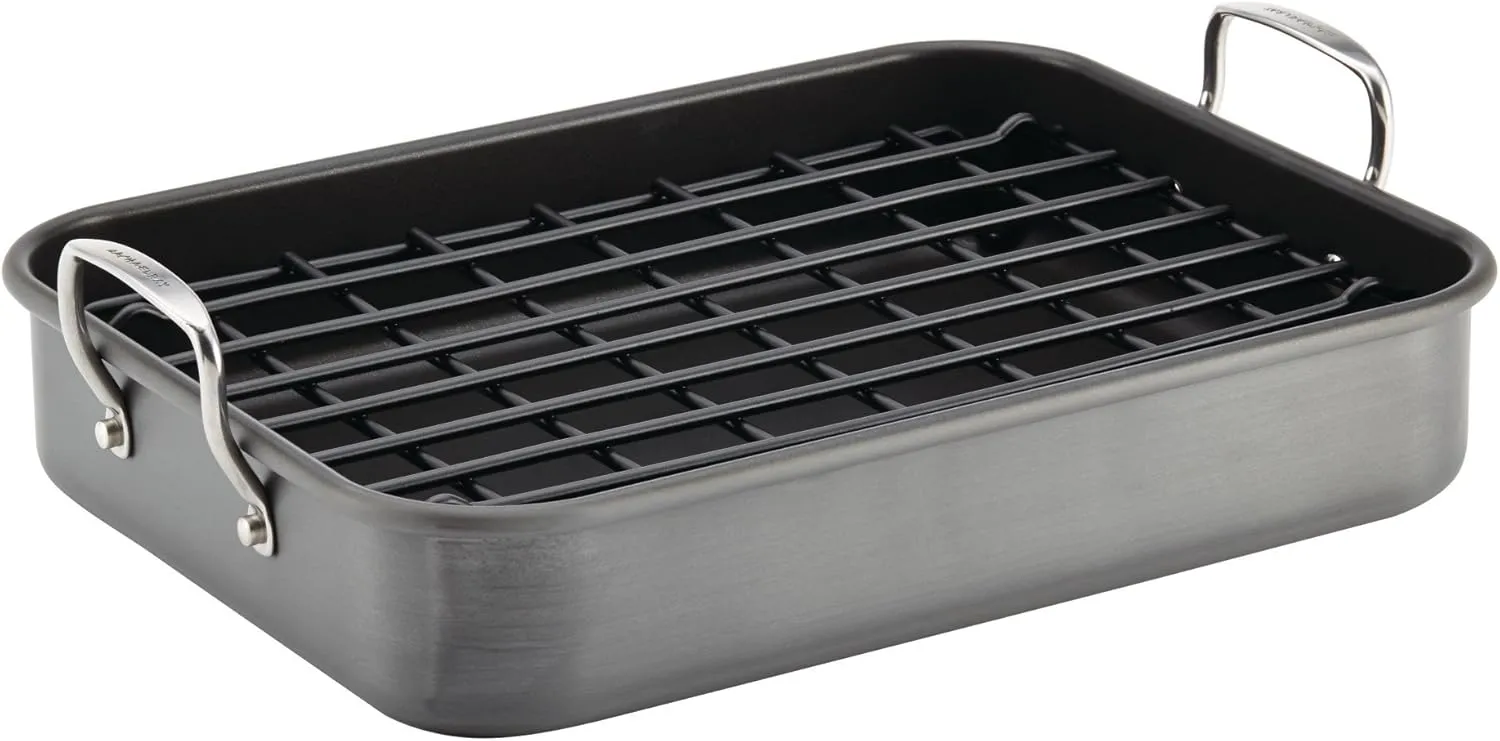 Rachael Ray Brights Hard Anodized Nonstick Roaster / Roasting Pan with Rack - 16 Inch x 12 Inch, Gray