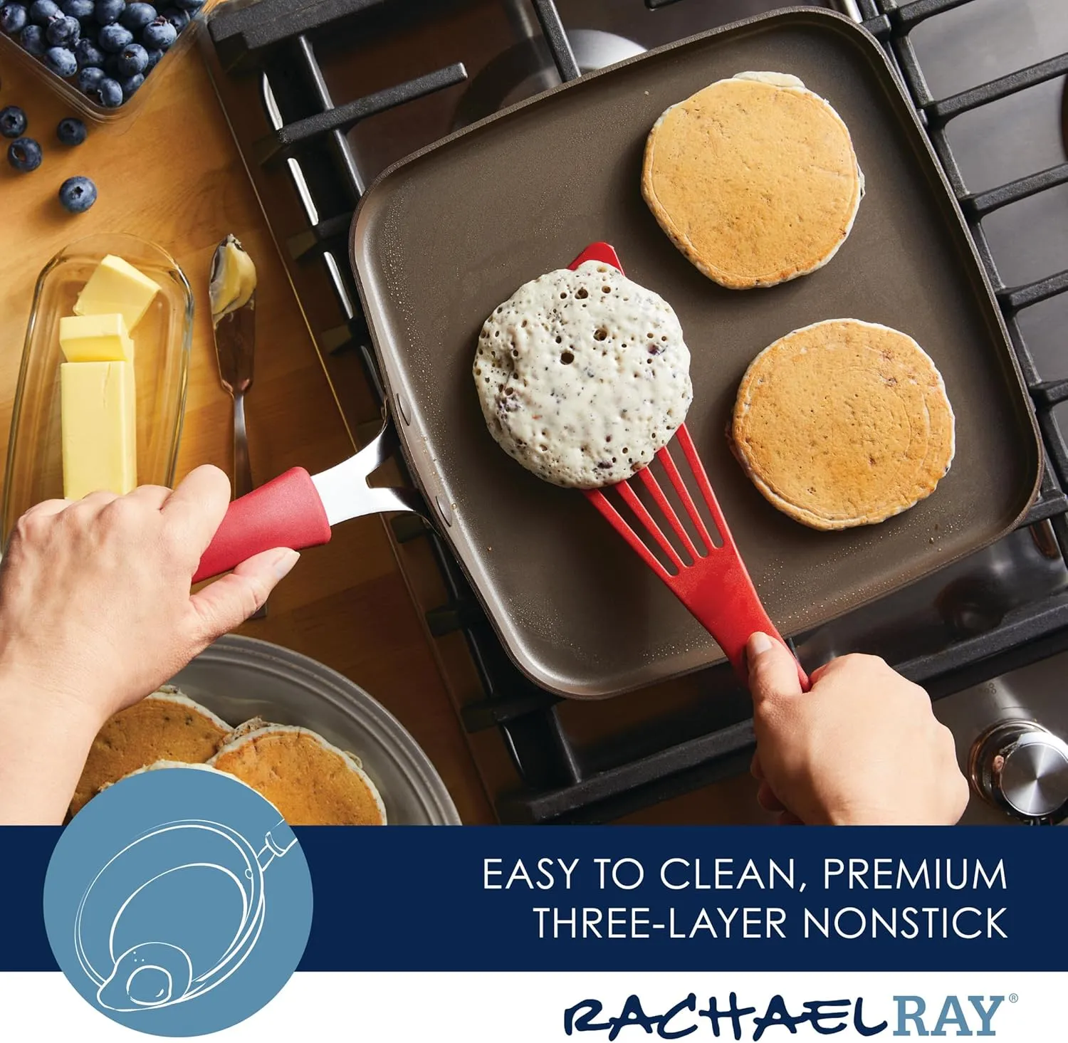 Rachael Ray Cook   Create Nonstick Stovetop Griddle/Grill Pan, Square, 11 Inch, Red