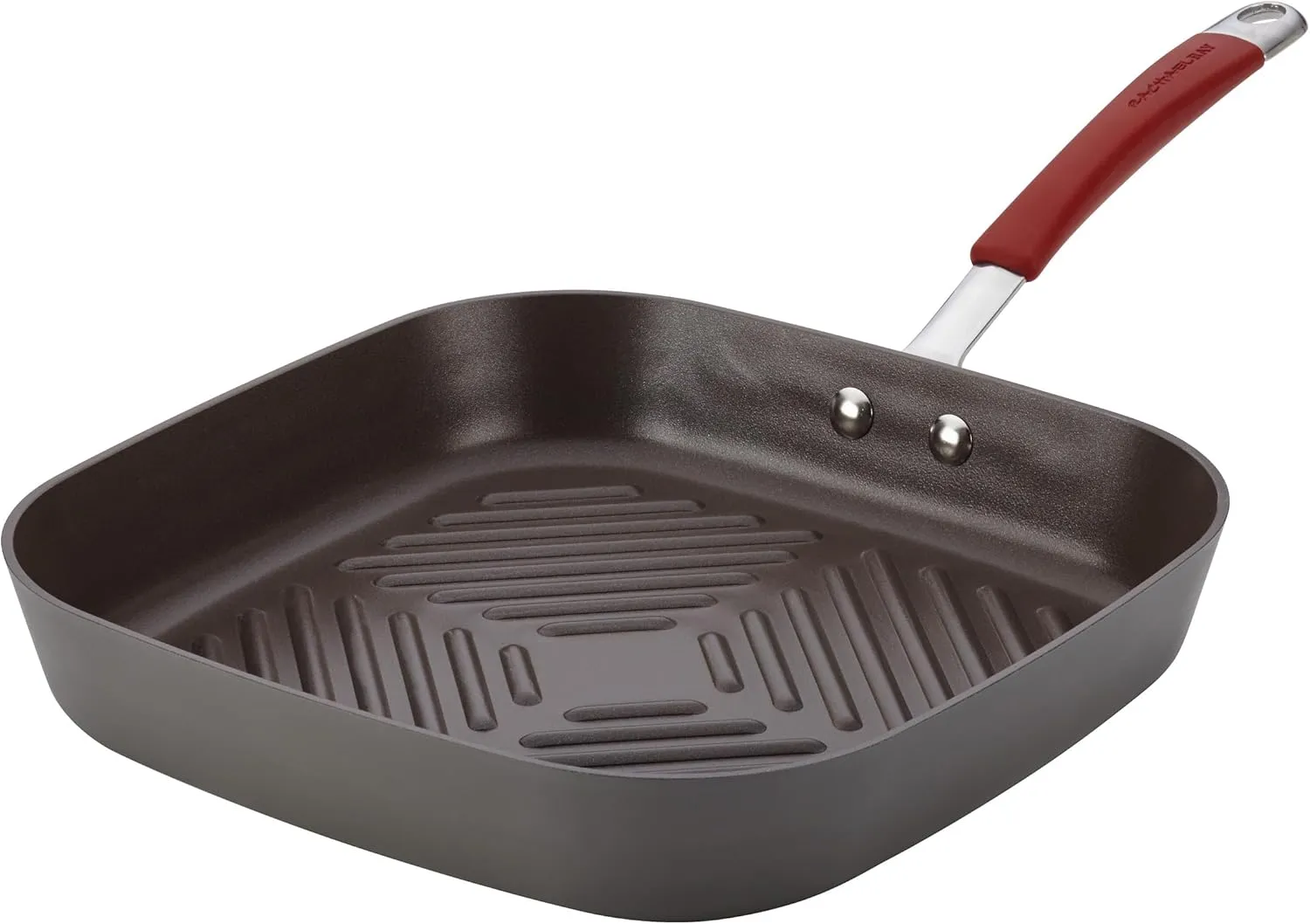 Rachael Ray Cucina Hard Anodized Nonstick Grill/Deep Square Griddle Pan, 11 Inch, Gray with Red Handles