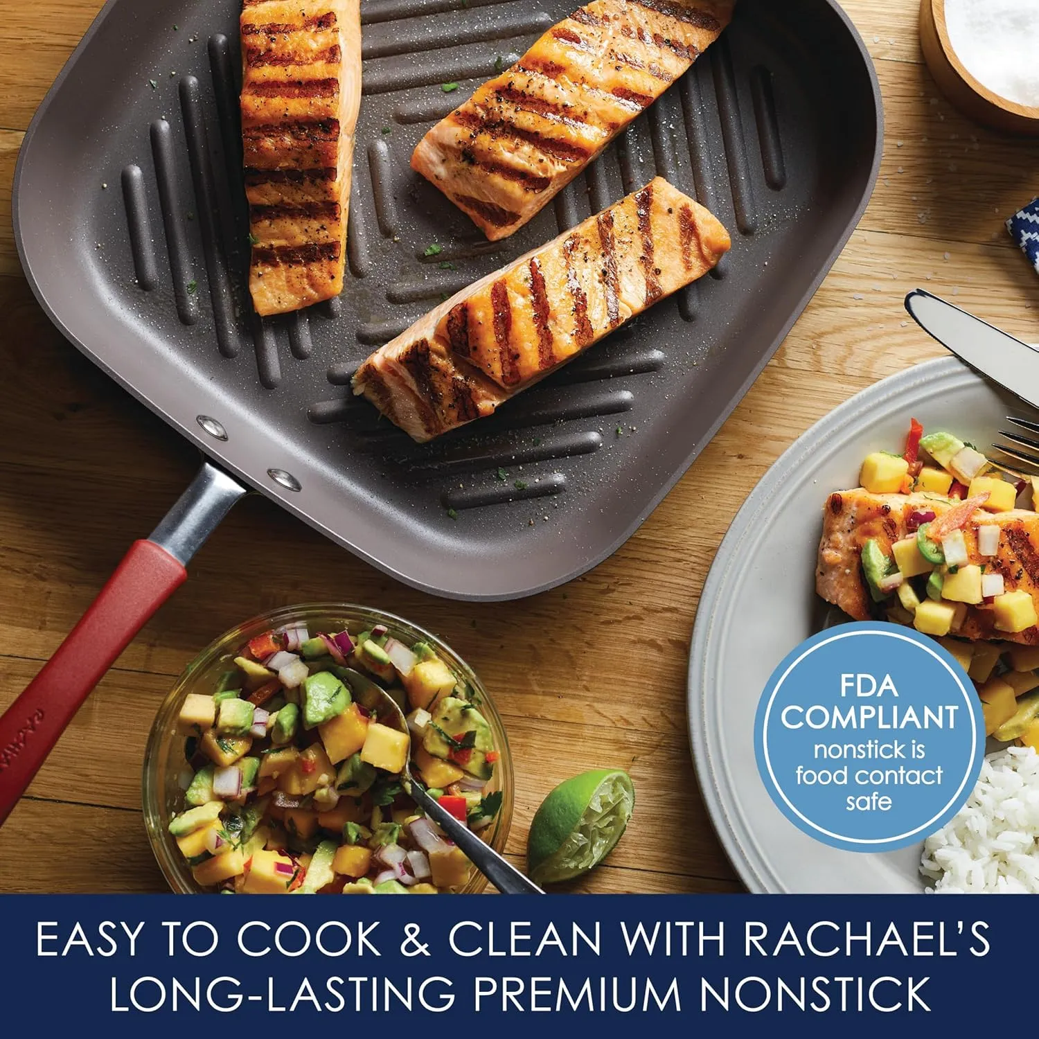 Rachael Ray Cucina Hard Anodized Nonstick Grill/Deep Square Griddle Pan, 11 Inch, Gray with Red Handles