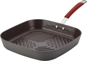 Rachael Ray Cucina Hard Anodized Nonstick Grill/Deep Square Griddle Pan, 11 Inch, Gray with Red Handles