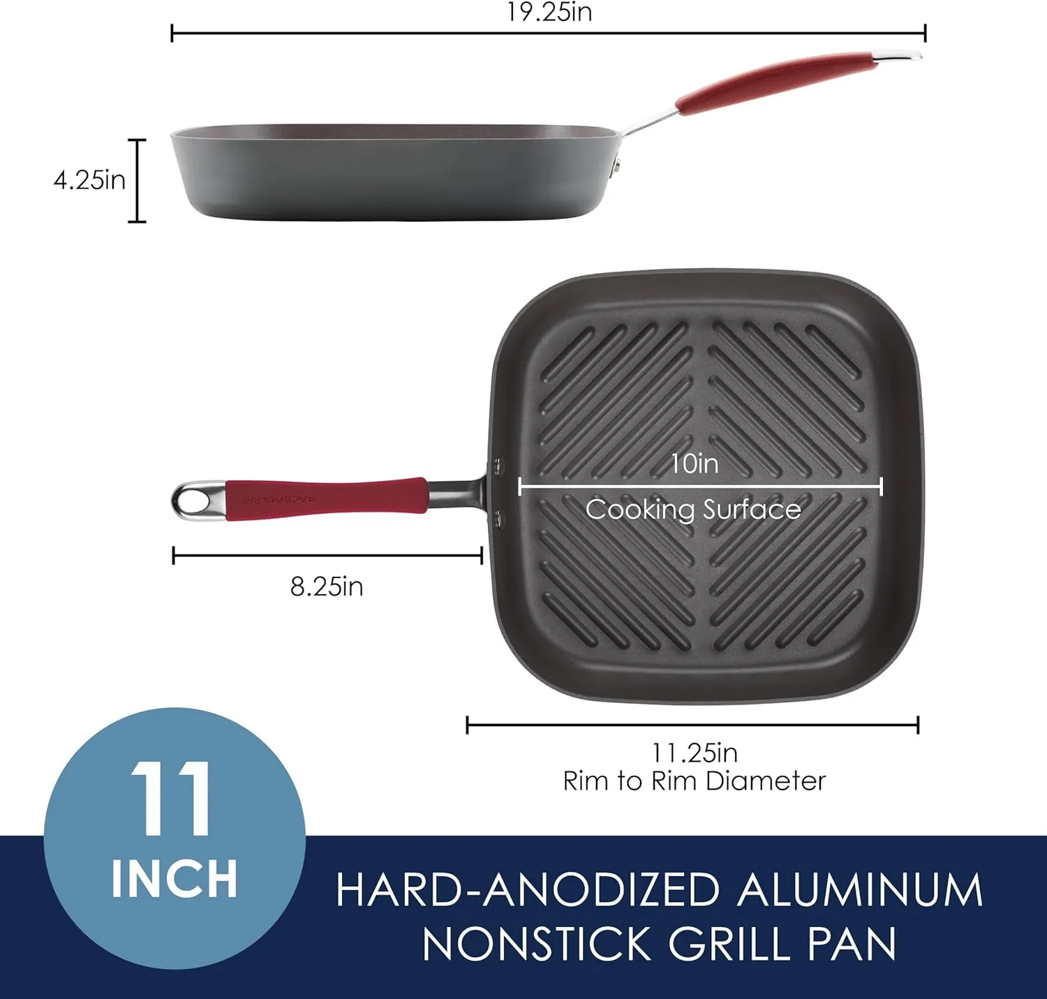 Rachael Ray Cucina Hard Anodized Nonstick Grill/Deep Square Griddle Pan, 11 Inch, Gray with Red Handles