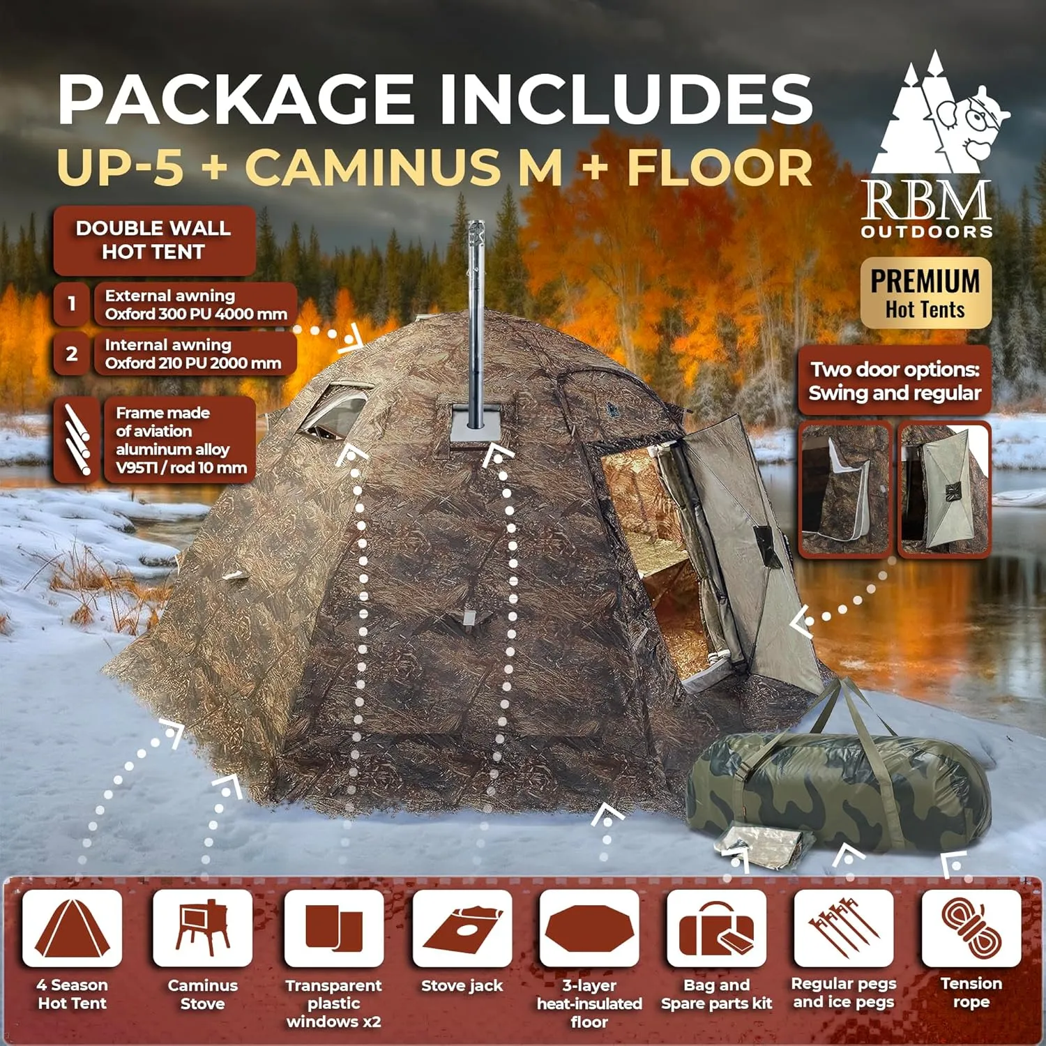 Rbm Outdoors Hot Tent with Stove Jack, Easy Setup 4 Season Winter Tents for Camping, Cold Weather Wall Double Layer Waterproof & Windproof Shelter