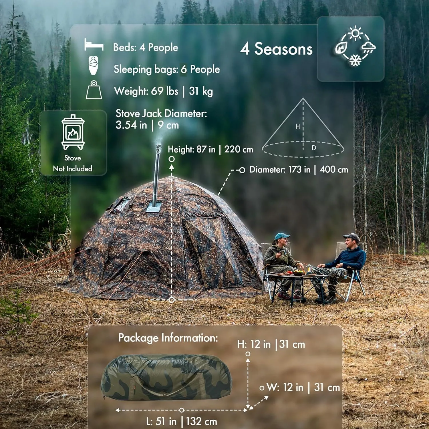 Rbm Outdoors Hot Tent with Stove Jack, Easy Setup 4 Season Winter Tents for Camping, Cold Weather Wall Double Layer Waterproof & Windproof Shelter