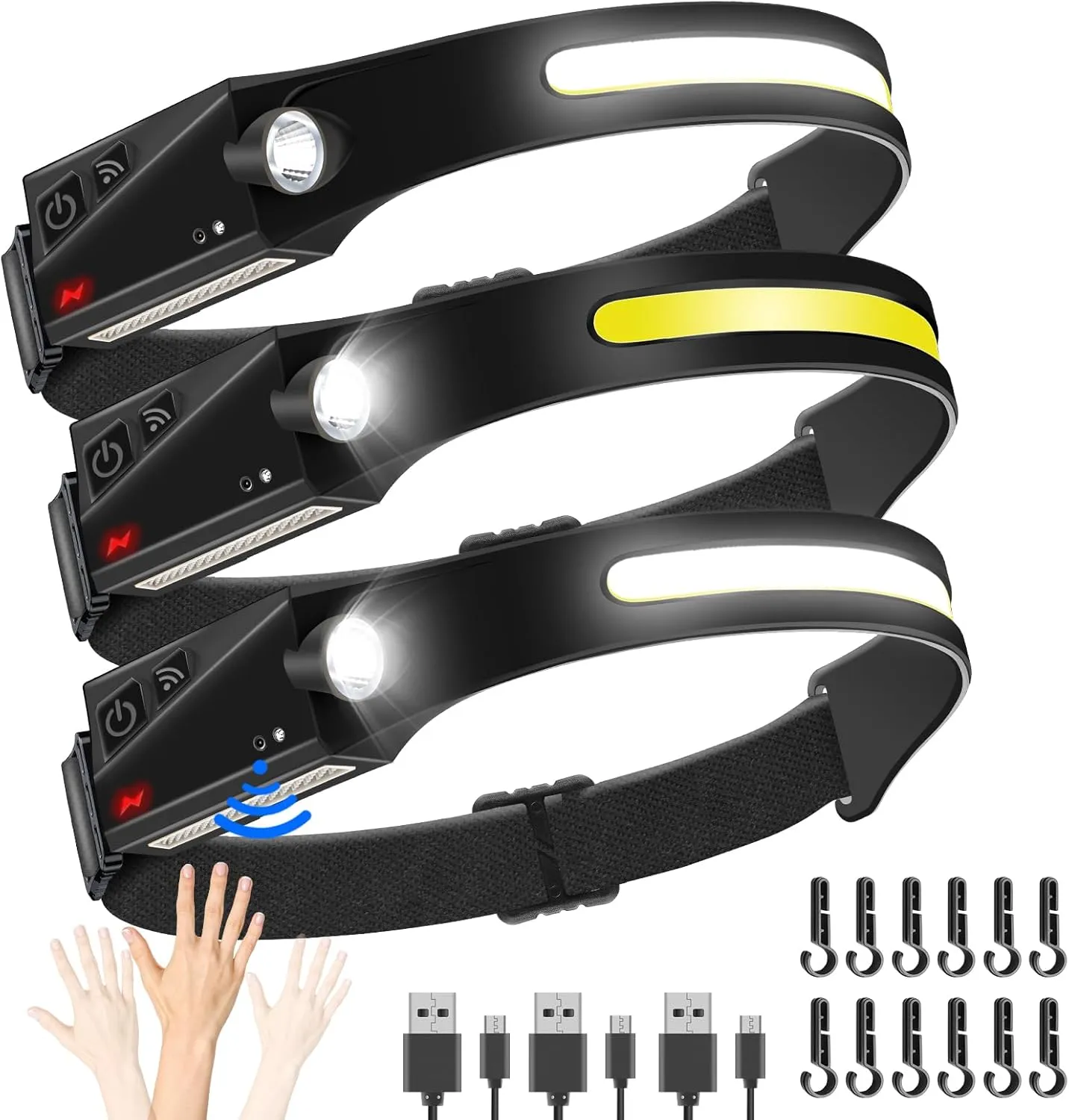 Rechargeable Headlamp 3 PCS,Motion Sensor Led Headlamp with 5 Mode,COB 230° Wide Beam,Bright Head Lights for Hard Hat Forehead,for Camping, Running, Repairing, Fishing, Cycling -Waterproof