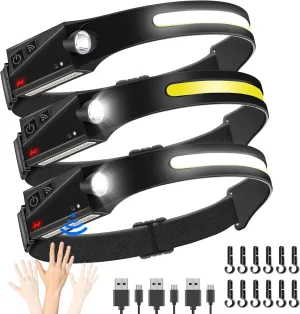 Rechargeable Headlamp 3 PCS,Motion Sensor Led Headlamp with 5 Mode,COB 230° Wide Beam,Bright Head Lights for Hard Hat Forehead,for Camping, Running, Repairing, Fishing, Cycling -Waterproof