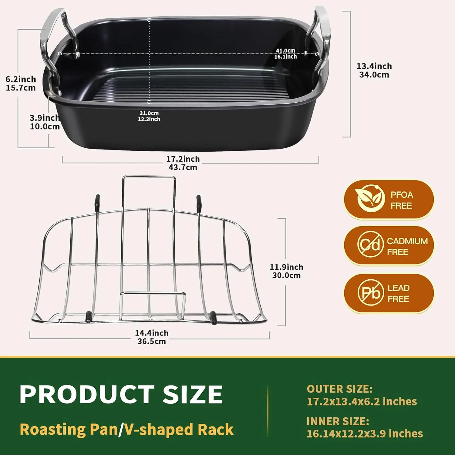 Roasting Pan with Rack, 17 x 13 Inch Nonstick roaster pan with Steel Handles, Perfect for Turkey, Meat, Vegetables, and Lasagna, Ideal for Ovens, Thanksgiving, and Christmas (Silver)