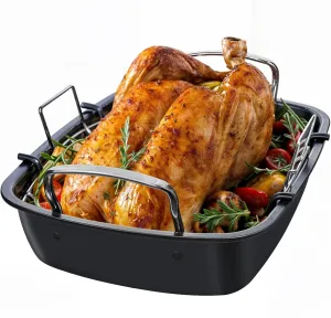Roasting Pan with Rack, 17 x 13 Inch Nonstick roaster pan with Steel Handles, Perfect for Turkey, Meat, Vegetables, and Lasagna, Ideal for Ovens, Thanksgiving, and Christmas (Silver)