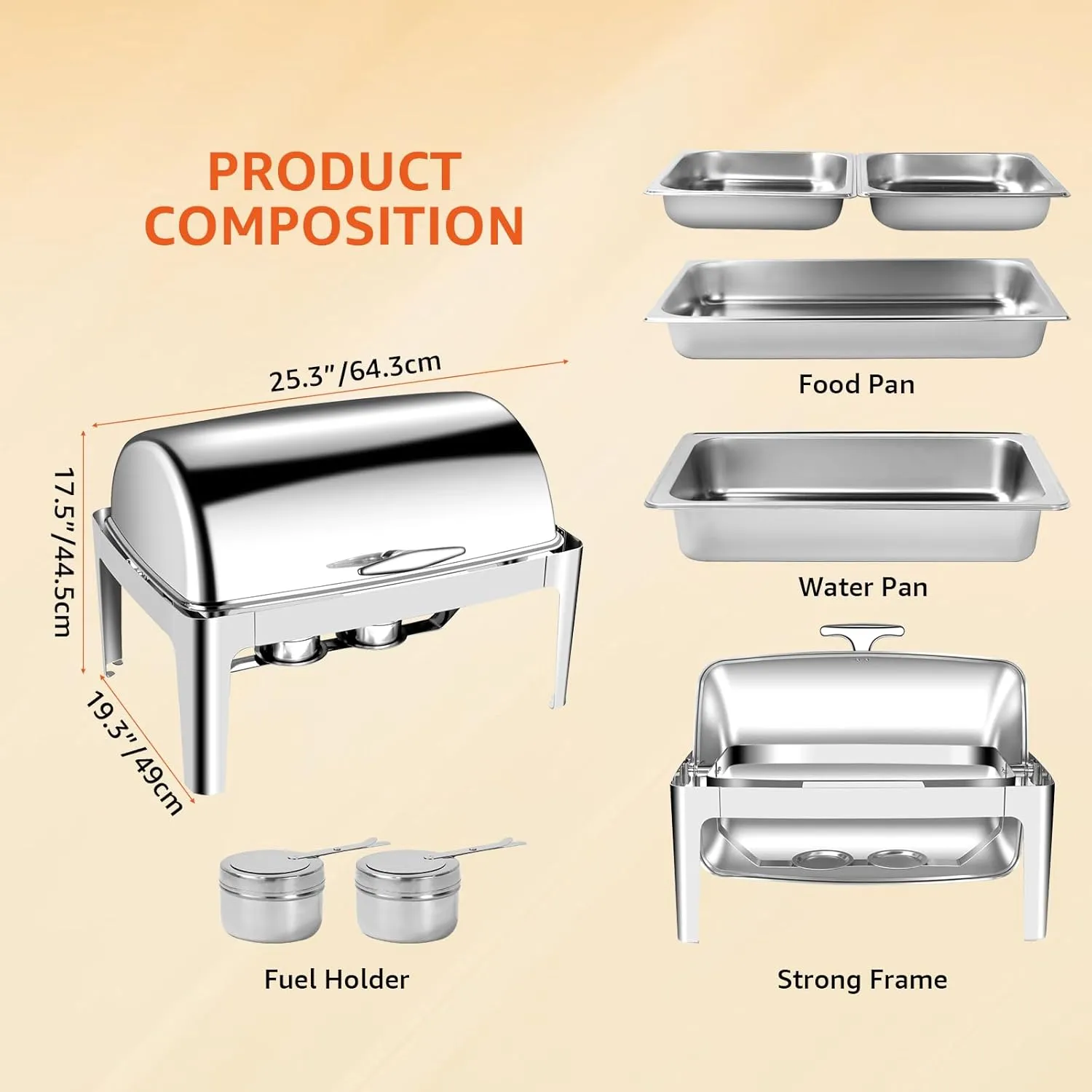 Roll Top Chafing Dish Buffet Set, 9.5 Quart Stainless Steel Rectangular Set with Full Size Pan x 1 & Half Size pan x 2 for Wedding, Parties, Banquet and Catering (3 Pack with Lid)