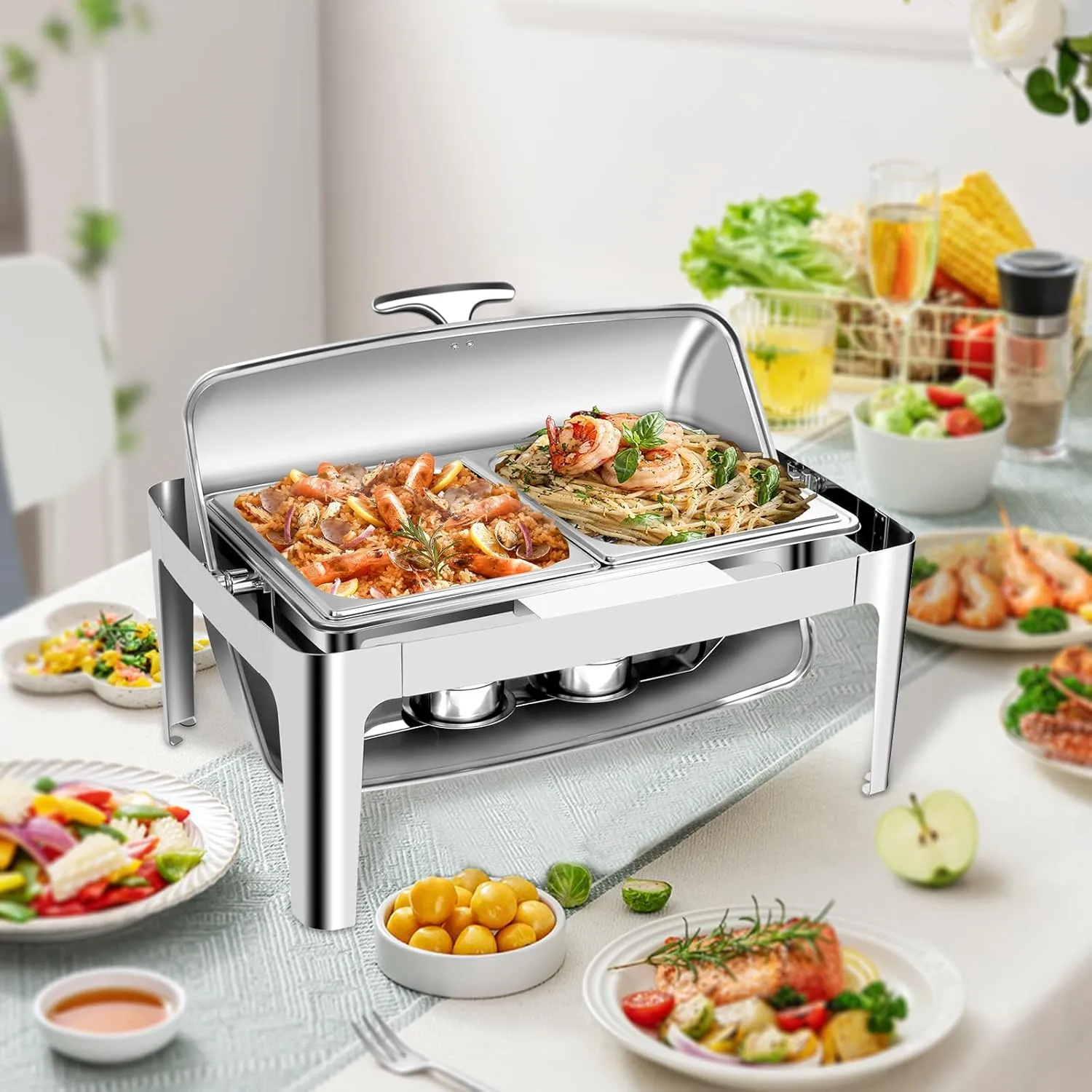 Roll Top Chafing Dish Buffet Set, 9.5 Quart Stainless Steel Rectangular Set with Full Size Pan x 1 & Half Size pan x 2 for Wedding, Parties, Banquet and Catering (3 Pack with Lid)