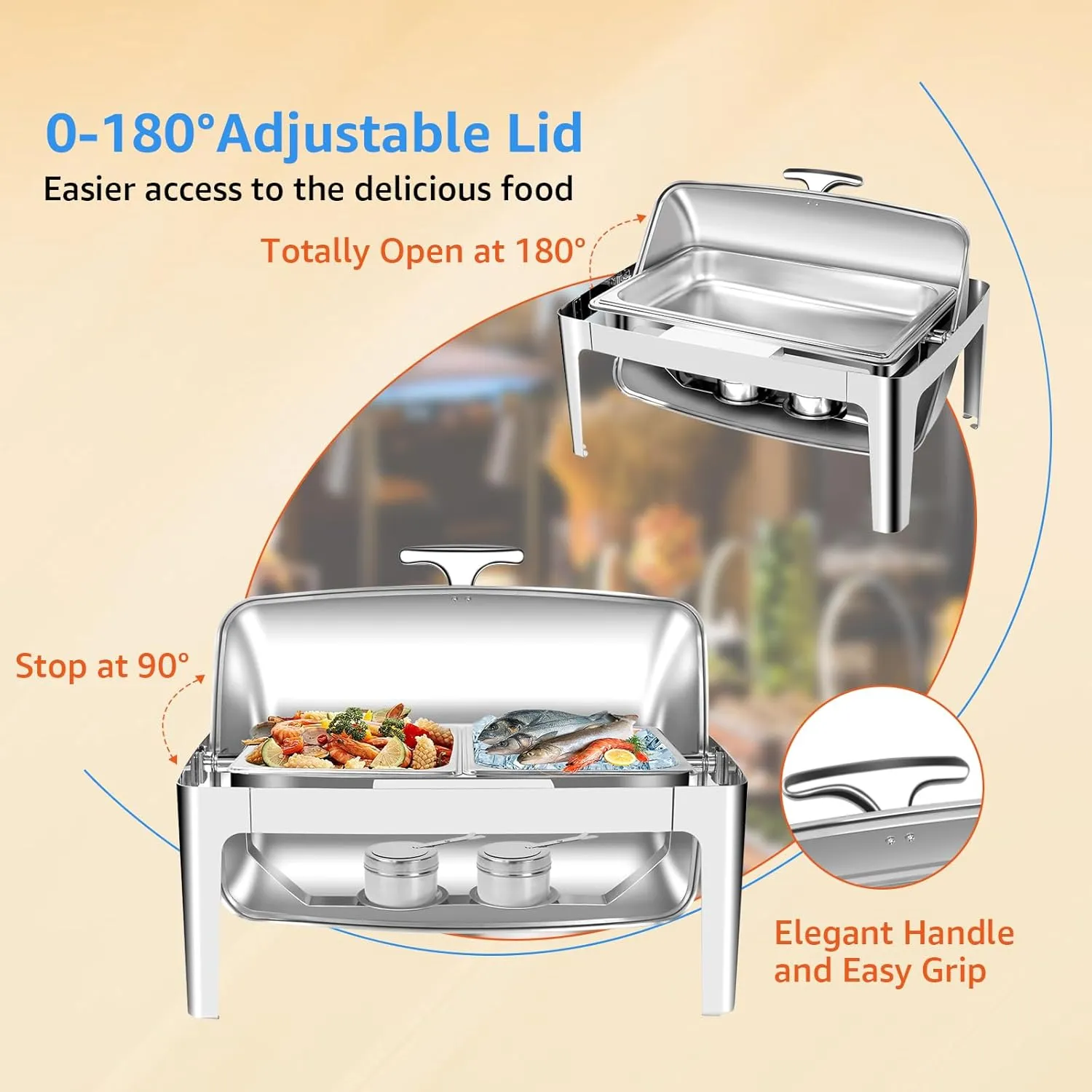 Roll Top Chafing Dish Buffet Set, 9.5 Quart Stainless Steel Rectangular Set with Full Size Pan x 1 & Half Size pan x 2 for Wedding, Parties, Banquet and Catering (3 Pack with Lid)
