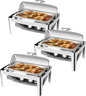 Roll Top Chafing Dish Buffet Set, 9.5 Quart Stainless Steel Rectangular Set with Full Size Pan x 1 & Half Size pan x 2 for Wedding, Parties, Banquet and Catering (3 Pack with Lid)