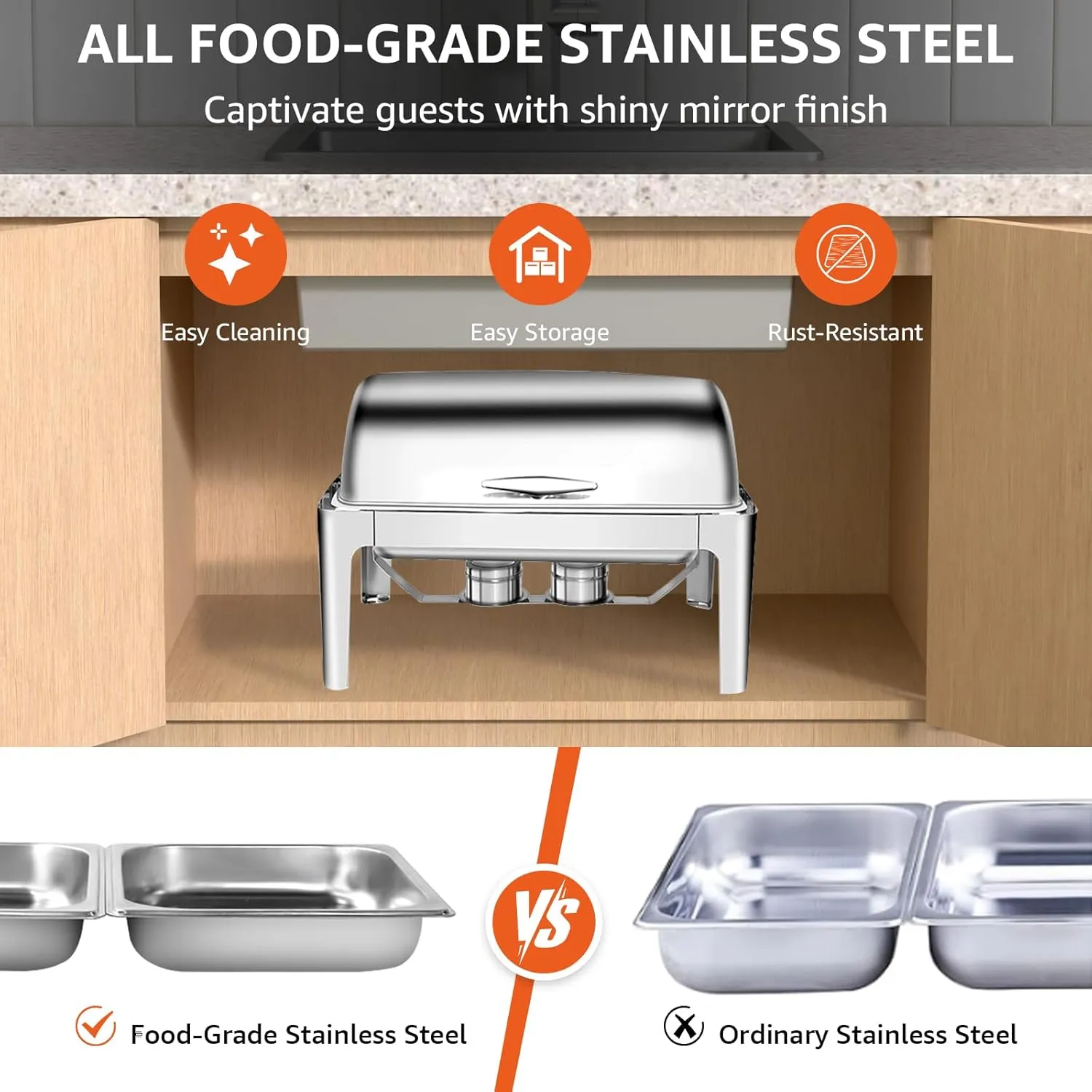 Roll Top Chafing Dish Buffet Set, 9.5 Quart Stainless Steel Rectangular Set with Full Size Pan x 1 & Half Size pan x 2 for Wedding, Parties, Banquet and Catering (3 Pack with Lid)