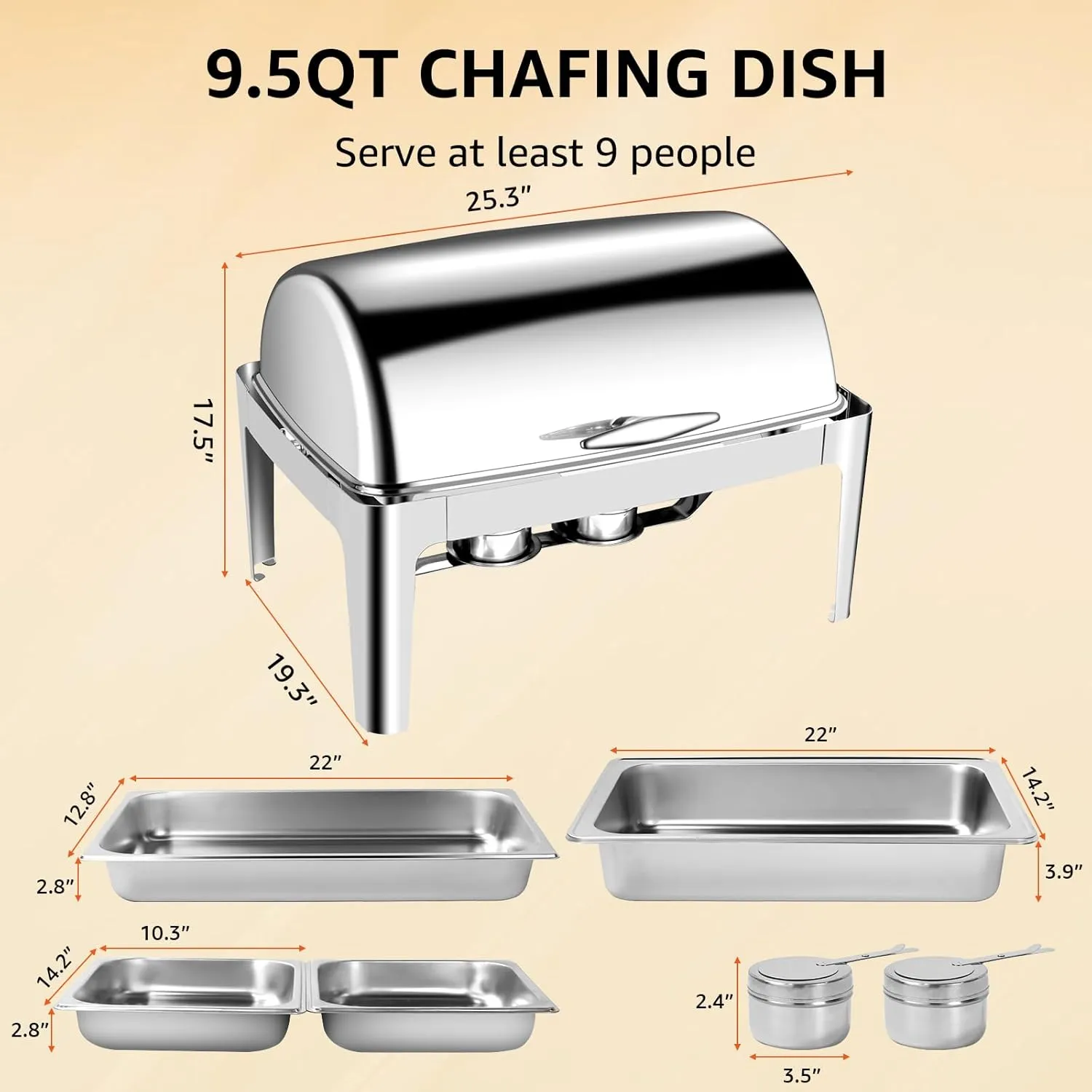 Roll Top Chafing Dish Buffet Set, 9.5 Quart Stainless Steel Rectangular Set with Full Size Pan x 1 & Half Size pan x 2 for Wedding, Parties, Banquet and Catering (3 Pack with Lid)