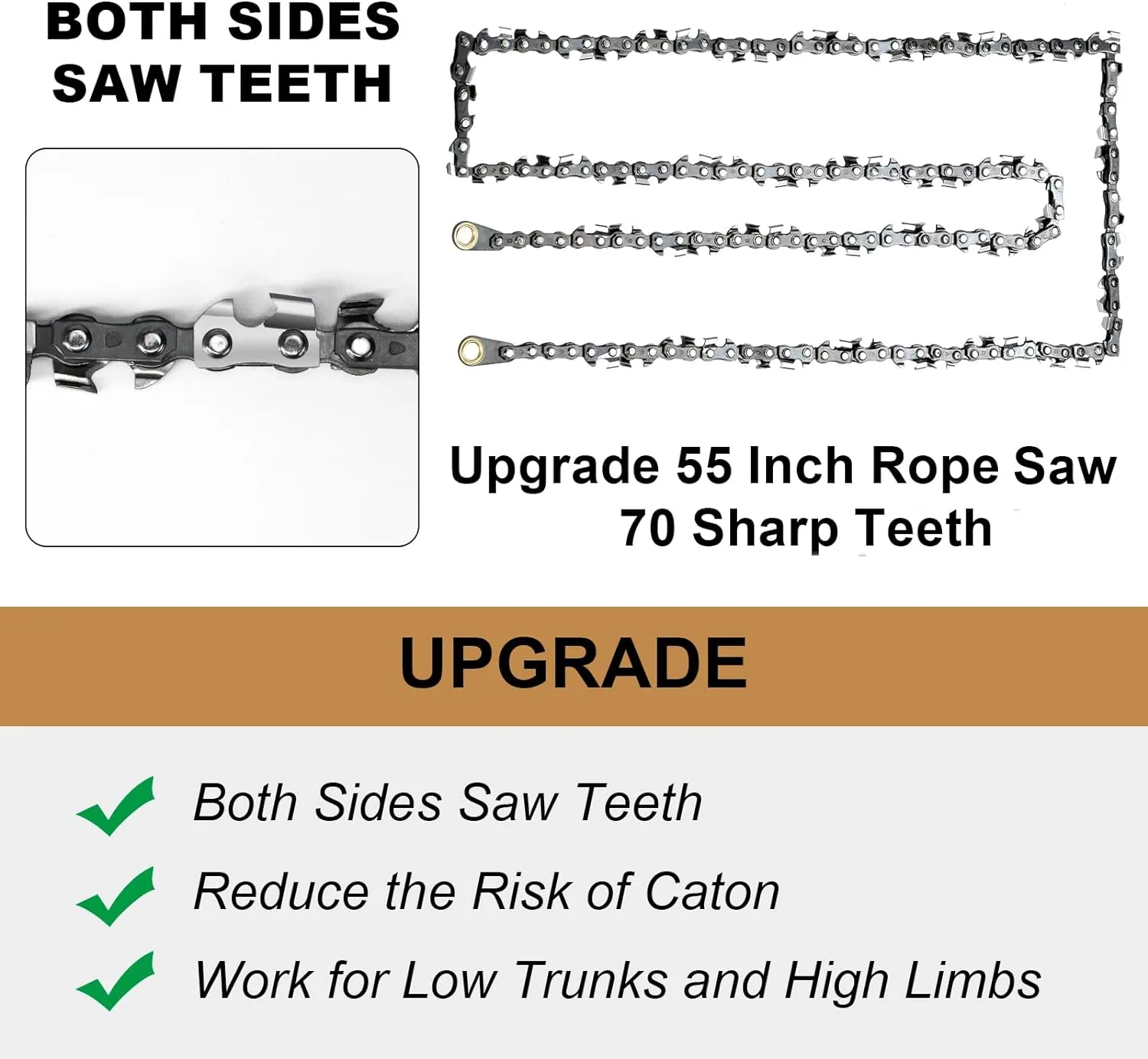 Rope Saw for Tree Limbs, 55 Inch Rope Chain Saw with 70 Sharp Teeth ＆ 46 Feet Ropes Kit, Rope Saw Tree Saw High Limb Rope Chainsaw, Pocket Chainsaw