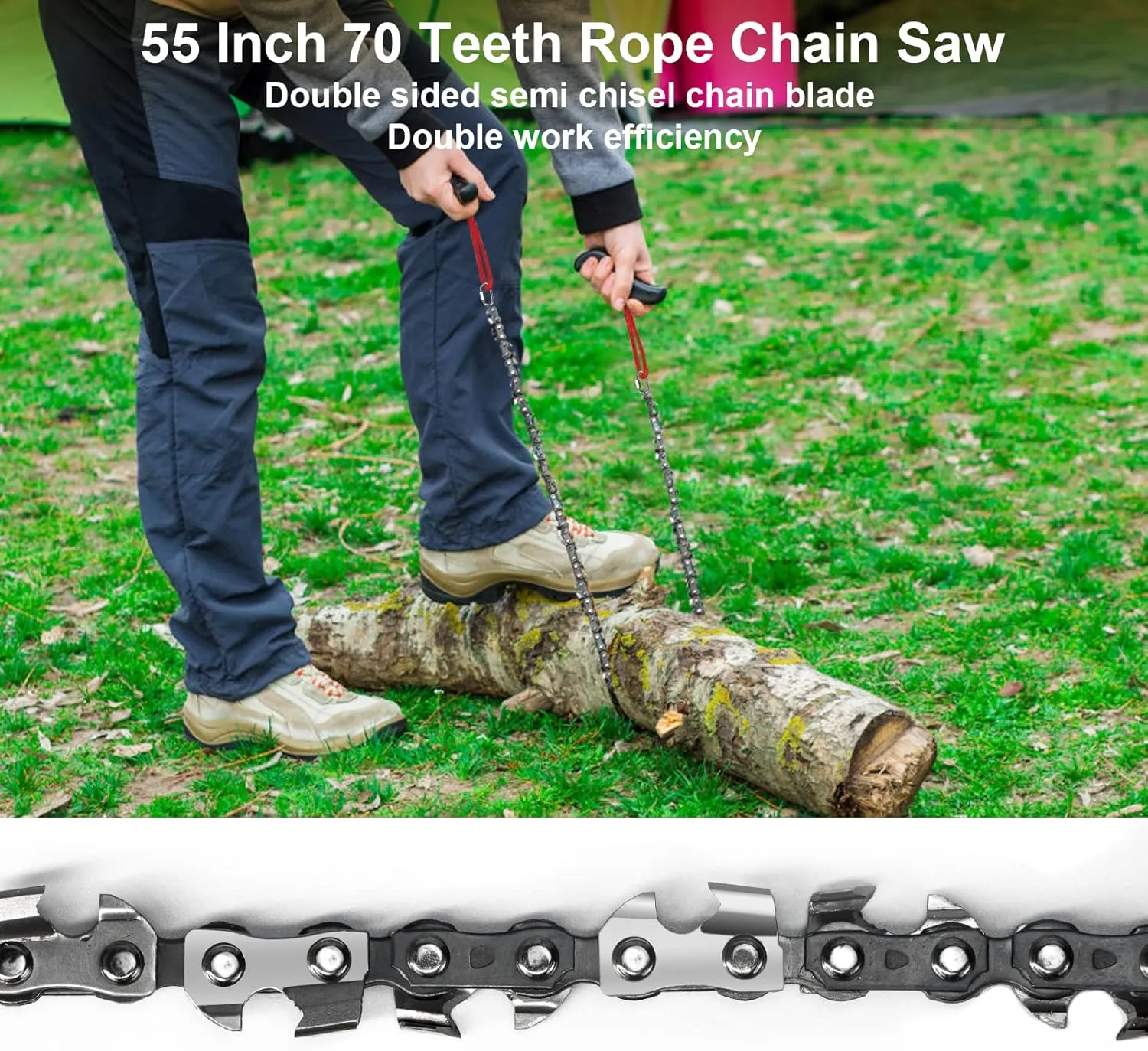 Rope Saw for Tree Limbs, 55 Inch Rope Chain Saw with 70 Sharp Teeth ＆ 46 Feet Ropes Kit, Rope Saw Tree Saw High Limb Rope Chainsaw, Pocket Chainsaw