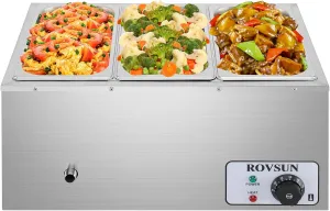 ROVSUN 21QT Electric Commercial Food Warmer, 110V 3-Pan Stainless Steel Bain Marie Buffet, 6.9 QT/Pan Stove Steam Table with Temperature Control & Lid for Parties, Catering, Restaurants