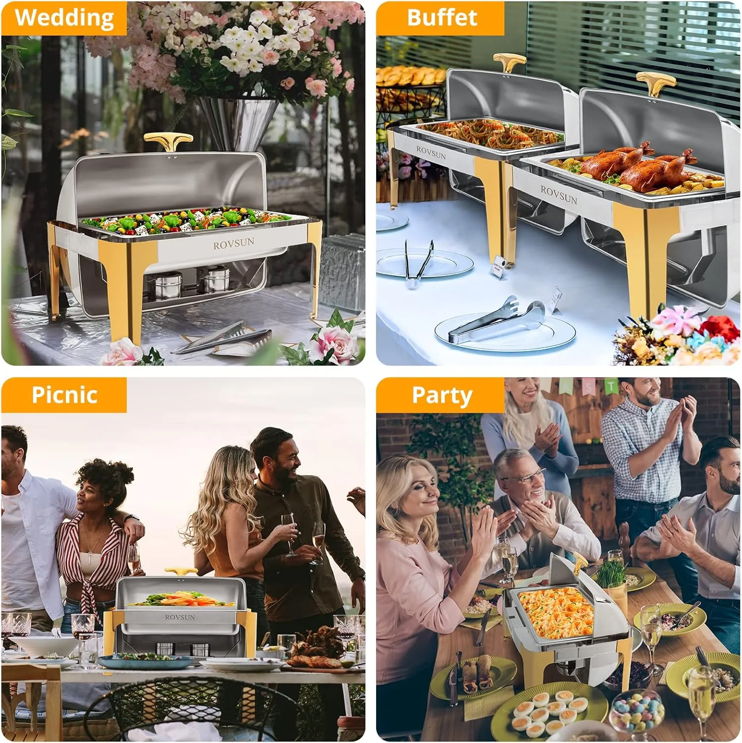 ROVSUN 3 Packs Roll Top Chafing Dish Buffet Set Gold Accent,NSF 9 Quart Rectangular Stainless Steel Chafer, Buffet Servers and Warmers Set Warming Tray for Wedding, Parties, Banquet, Catering Events
