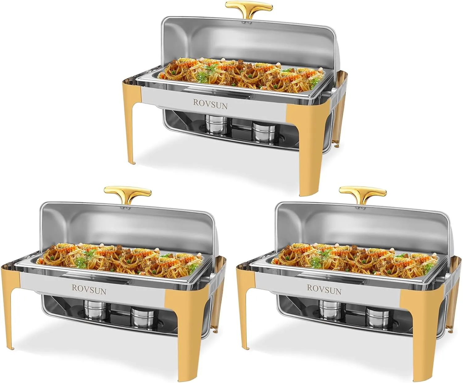 ROVSUN 3 Packs Roll Top Chafing Dish Buffet Set Gold Accent,NSF 9 Quart Rectangular Stainless Steel Chafer, Buffet Servers and Warmers Set Warming Tray for Wedding, Parties, Banquet, Catering Events
