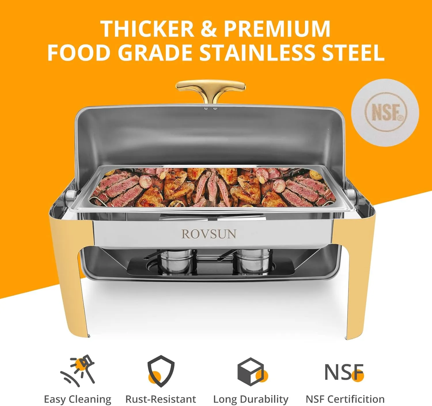 ROVSUN 3 Packs Roll Top Chafing Dish Buffet Set Gold Accent,NSF 9 Quart Rectangular Stainless Steel Chafer, Buffet Servers and Warmers Set Warming Tray for Wedding, Parties, Banquet, Catering Events