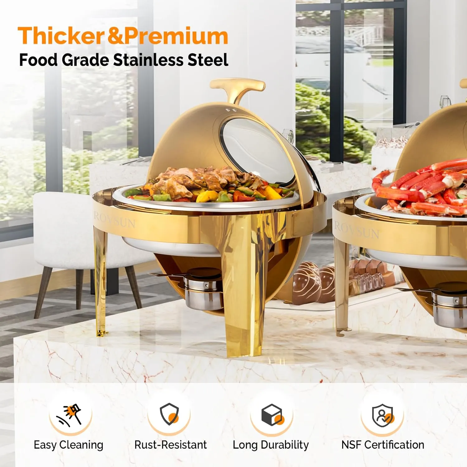 ROVSUN 6 QT Round Chafing Dish Buffet Set, Roll Top NSF Stainless Steel Buffet Warmer Chafers and Buffet Warmers Sets with Thick Frame for Catering Events Parties Weddings Dinners,Gold