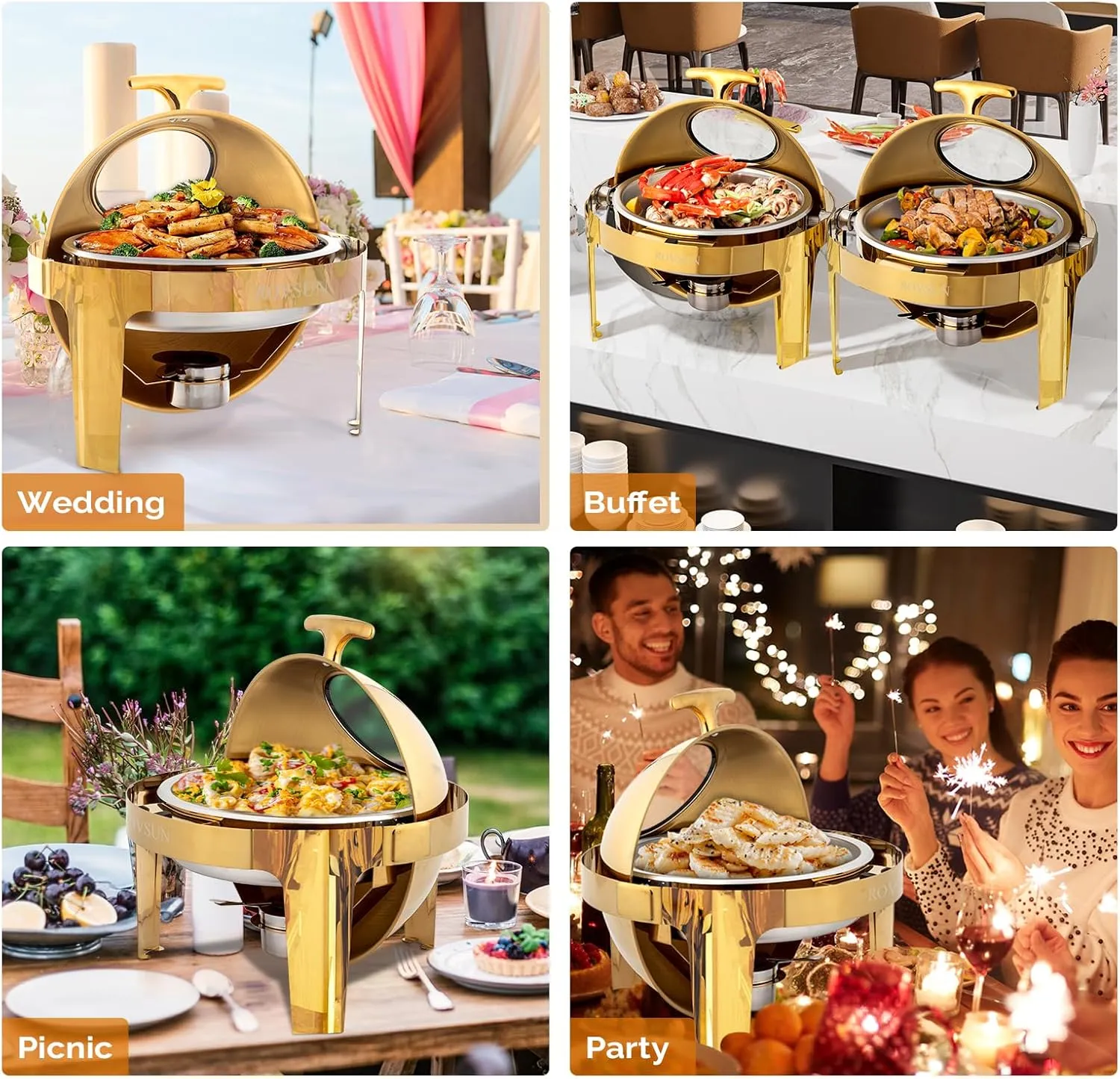 ROVSUN 6 QT Round Chafing Dish Buffet Set, Roll Top NSF Stainless Steel Buffet Warmer Chafers and Buffet Warmers Sets with Thick Frame for Catering Events Parties Weddings Dinners,Gold