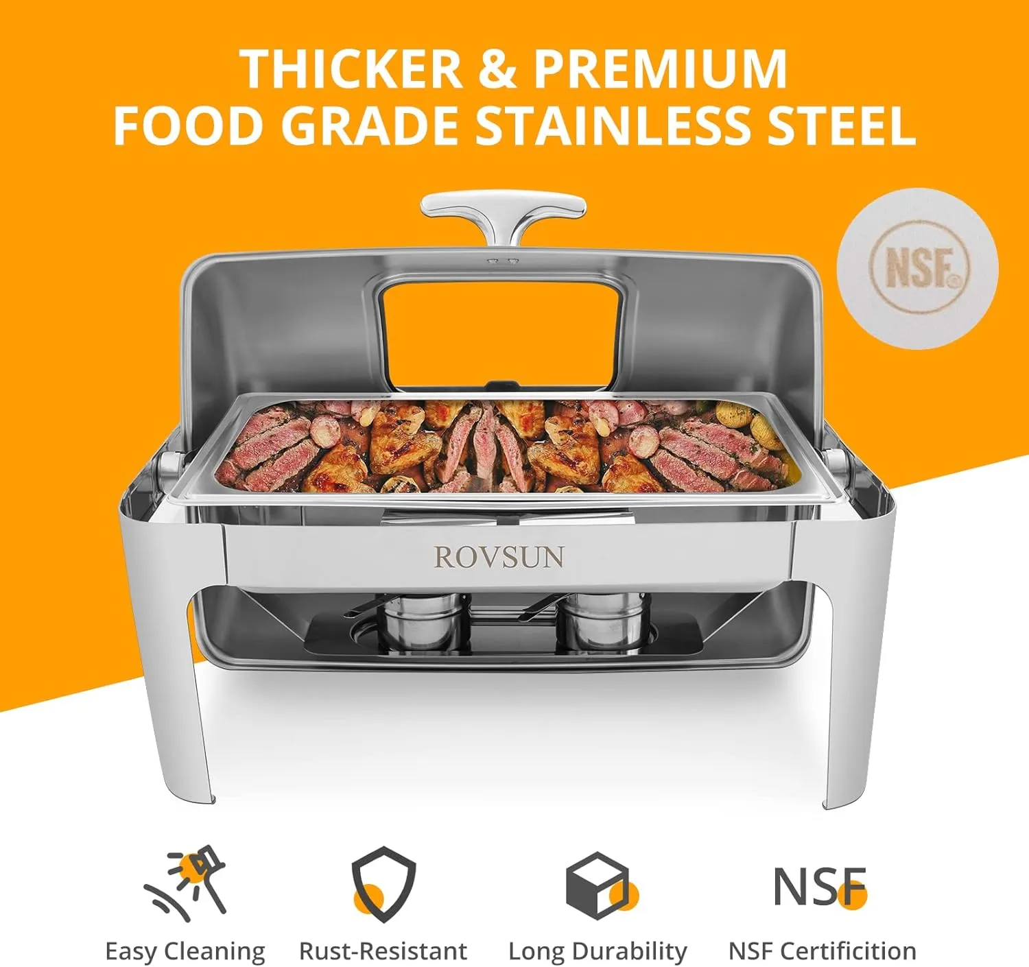 ROVSUN Roll Top Chafing Dish Buffet Set,NSF 9 Quart Rectangular Stainless Steel Chafer for Catering,Buffet Servers and Warmers Set with Glass Window for Wedding, Parties, Banquet, Events, Full Size