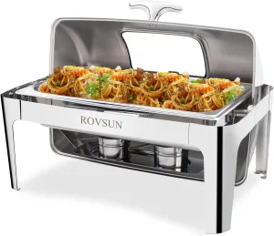 ROVSUN Roll Top Chafing Dish Buffet Set,NSF 9 Quart Rectangular Stainless Steel Chafer for Catering,Buffet Servers and Warmers Set with Glass Window for Wedding, Parties, Banquet, Events, Full Size