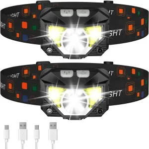 RoyaleGlow 2-Pack Ultra-Bright Led Rechargeable Headlamp Flashlight Waterproof And Motion Sensor