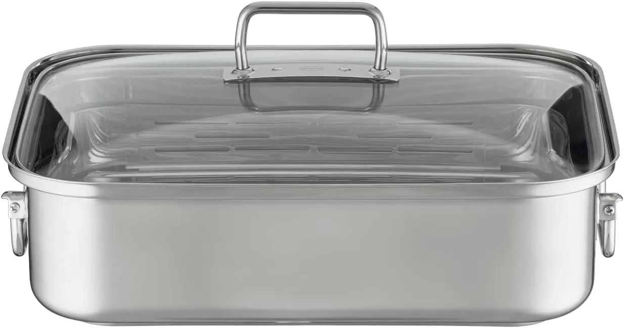 RÖSLE Expertiso Rectangular Roasting Dish with Glass Lid, 18/10 Stainless Steel, Oven-Safe, Induction Safe, Dishwasher Safe, Silver, 38 x 28 cm
