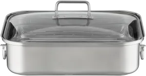 RÖSLE Expertiso Rectangular Roasting Dish with Glass Lid, 18/10 Stainless Steel, Oven-Safe, Induction Safe, Dishwasher Safe, Silver, 38 x 28 cm