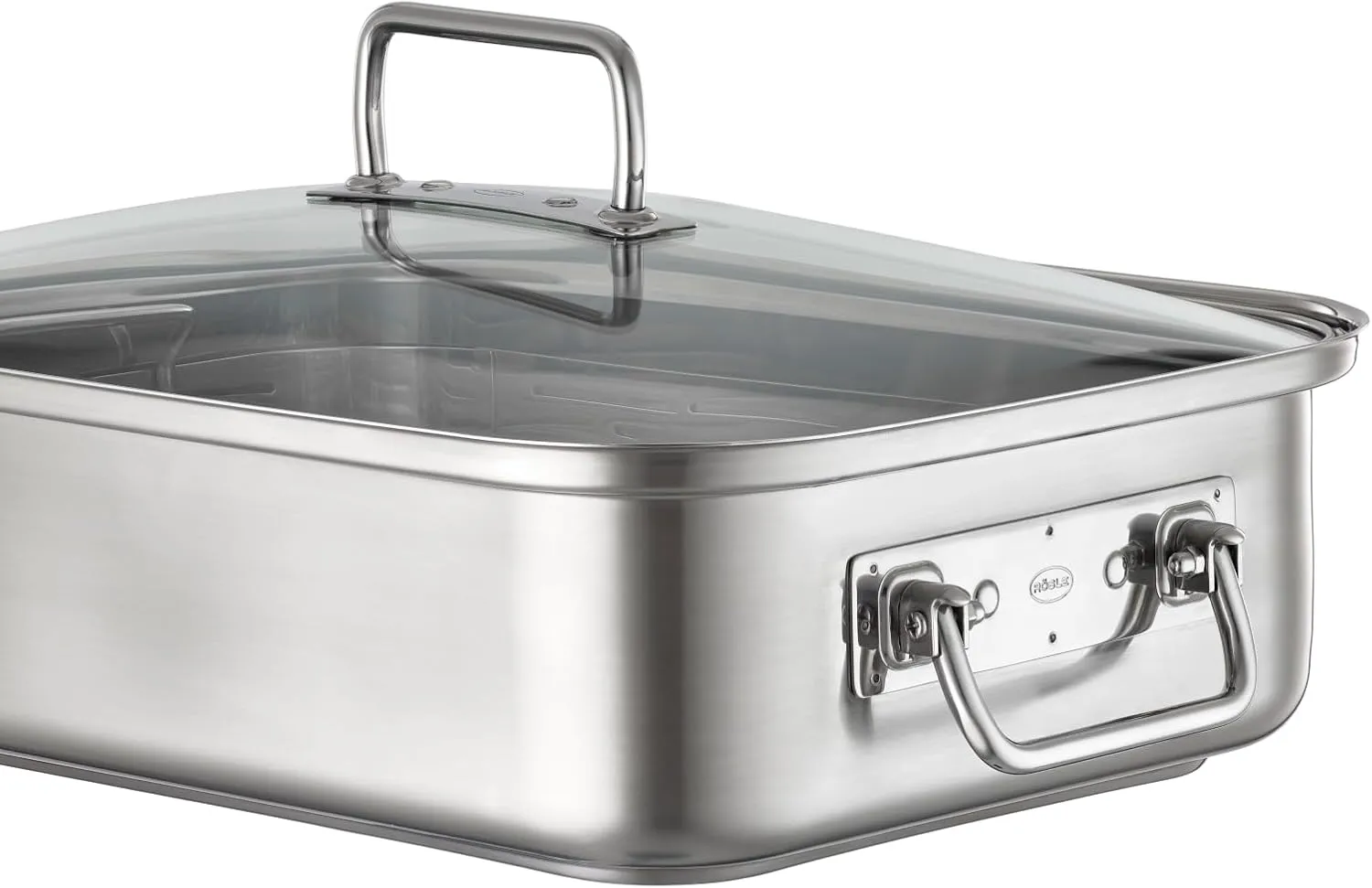 RÖSLE Expertiso Rectangular Roasting Dish with Glass Lid, 18/10 Stainless Steel, Oven-Safe, Induction Safe, Dishwasher Safe, Silver, 38 x 28 cm