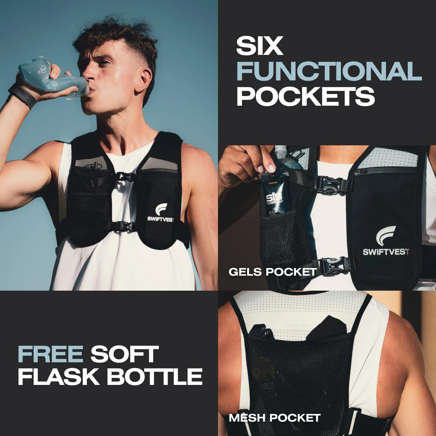 Running Phone Holder Vest with 500ml/17oz Running Vest Water Bottle | Running Water Vest | Reflective Hydration Vest | Adjustable | Light | 6 Pockets for Running Accessories | Men & Women