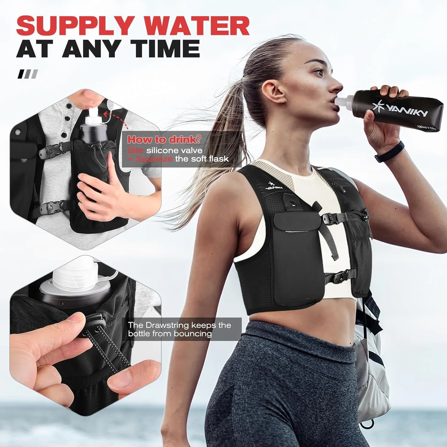 Running Vest for Women Men, Lightweight Breathable Hydration Vest with 500ml Soft Flask, Adjustable Reflective Running Vest with Pockets for Trail Running Hiking