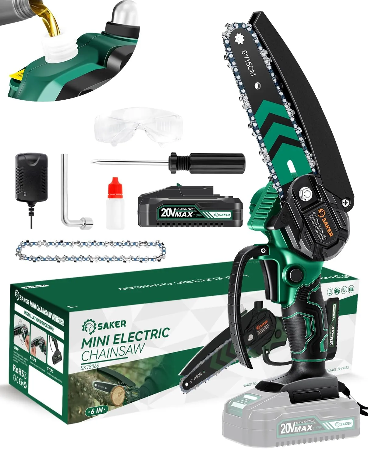 Saker Mini Chainsaw with Auto Oiler|6 Inch Chainsaws[2025 Upgraded]|Mini Cordless Electric Chain Saw|Small Handheld Portable Chainsaw Battery Powered for Tree Trimmer and Garden 1 Battery 2 Chains