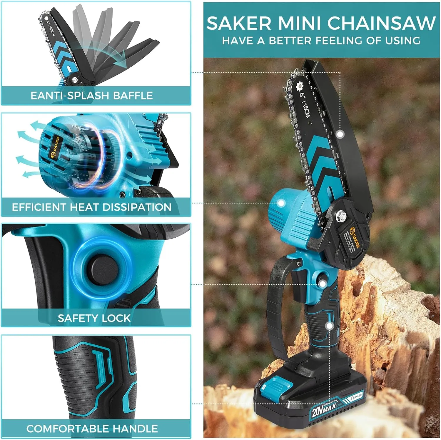 Saker Mini Chainsaw,6 Inch Portable Electric Chainsaw Cordless, Small Handheld Chain saw for Tree Branches,Courtyard, Household and Garden,Father's Day Gift for Men Dad Husband Women