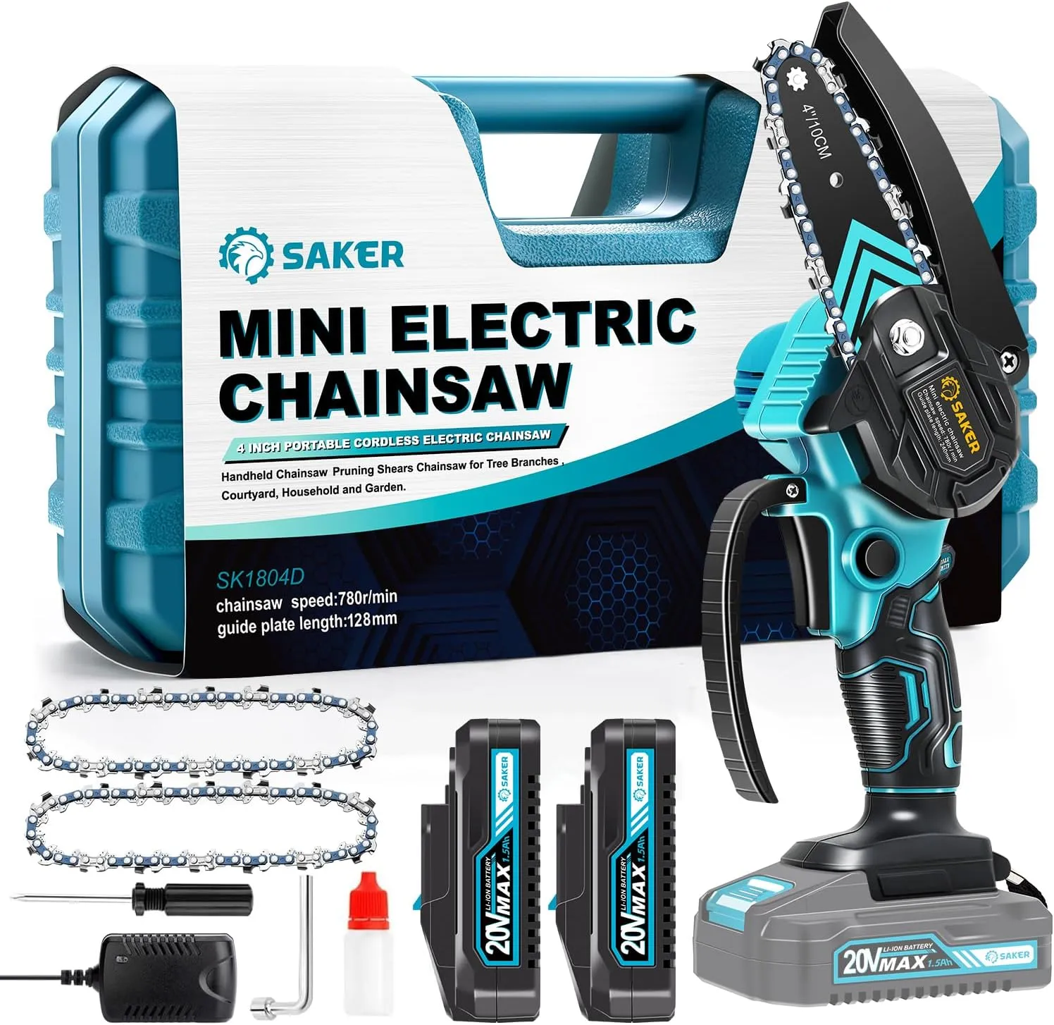 Saker Mini Chainsaw,Portable Electric Cordless Chainsaw,Battery Powered,Small Power Handheld Chain Saws Pruning Shears for Tree Branches,Father's Day Gift for Men Dad Women(2 Batteries&3 Chains)