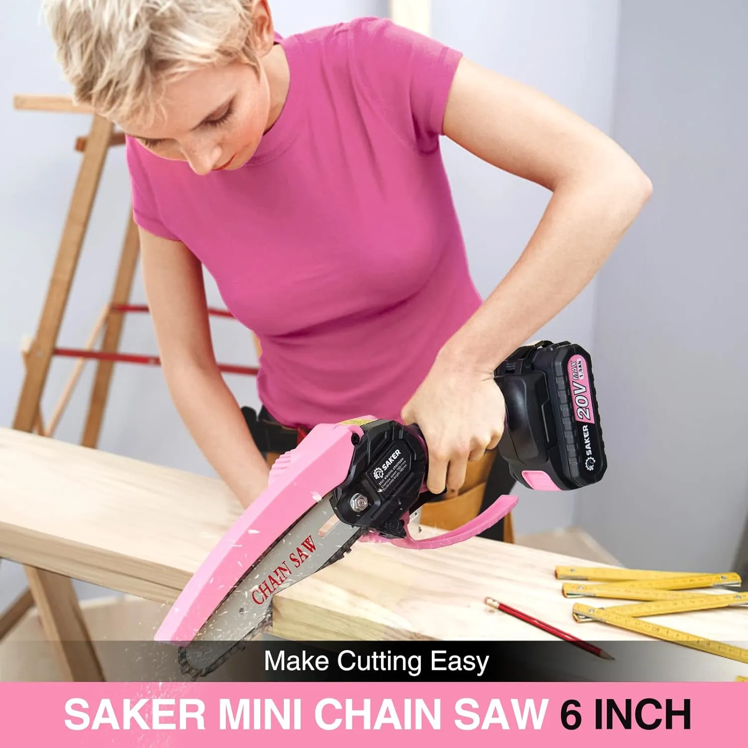Saker Mini Electric Chainsaw,6 Inch, Handheld Portable Chain Saw Pruning Shears Chainsaw Cordless for Tree Branches,Household and Garden(SAKER MINI CHAINSAW PINK   2 BATTERIES   3 CHAINS)