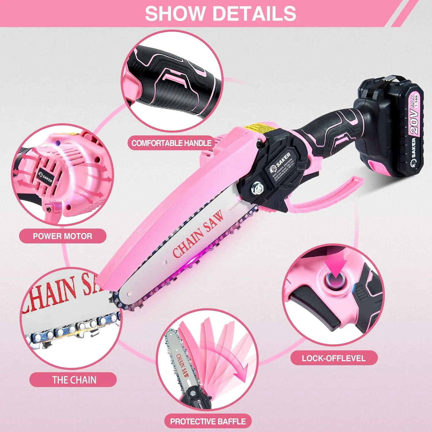 Saker Mini Electric Chainsaw,6 Inch, Handheld Portable Chain Saw Pruning Shears Chainsaw Cordless for Tree Branches,Household and Garden(SAKER MINI CHAINSAW PINK   2 BATTERIES   3 CHAINS)