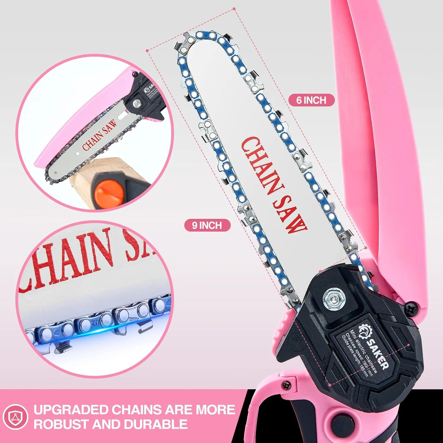 Saker Mini Electric Chainsaw,6 Inch, Handheld Portable Chain Saw Pruning Shears Chainsaw Cordless for Tree Branches,Household and Garden(SAKER MINI CHAINSAW PINK   2 BATTERIES   3 CHAINS)