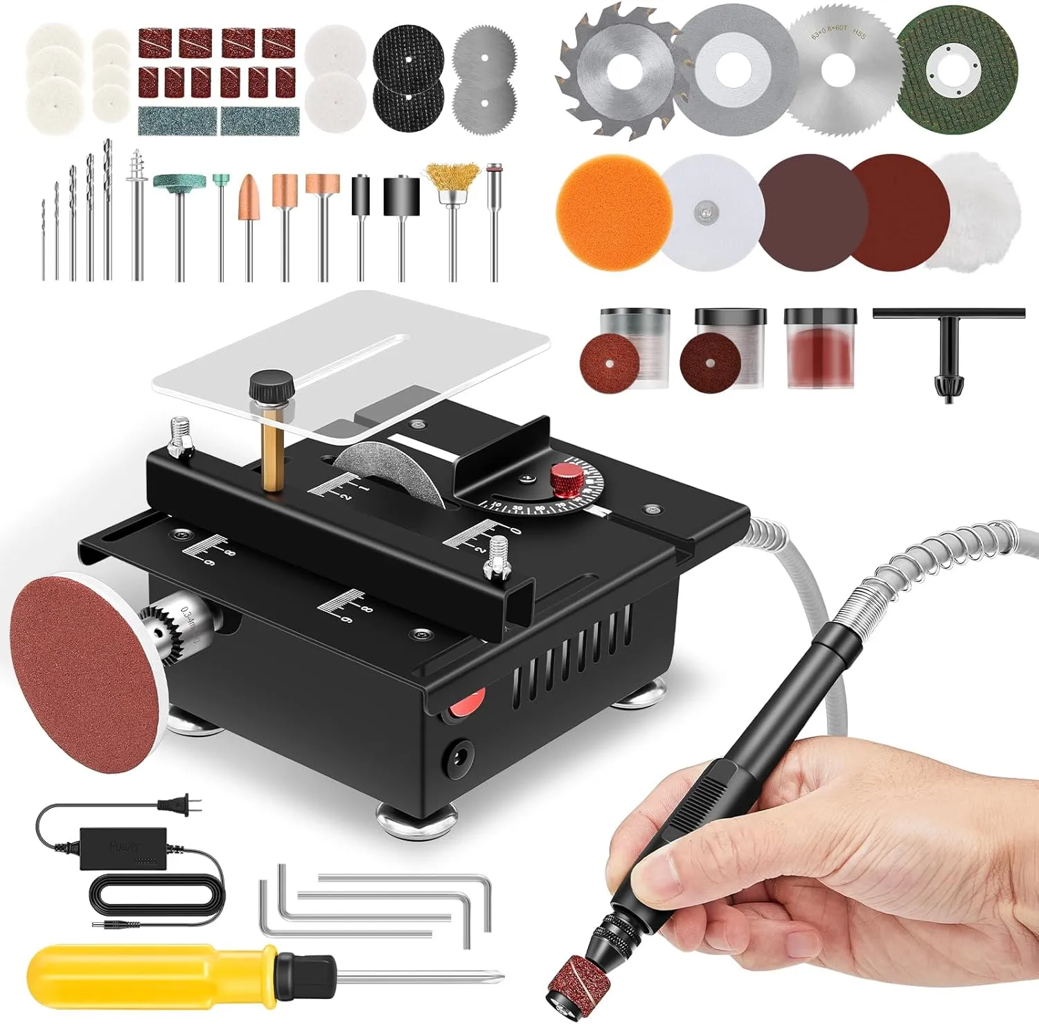 Saker Mini Multi-Functional Table Saw Height Adjustable,Mini Table Saws for Crafts,Portable Desktop Electric Saw for Wood Cutting,Speeds & Angle with More Accessories for Plastic Acrylic Cutting