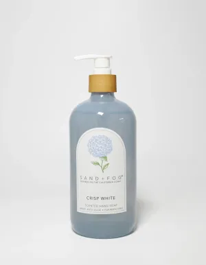 Sand & Fog, PREMIUM (Glass Bottle) Liquid Hand Soap, Scent: CRISP WHITE - fresh ambiance of clean cotton sheets with hints of sun-drenched linen (Cleans & Nourishes Skin, made with Aloe) - 15.7oz PUMP
