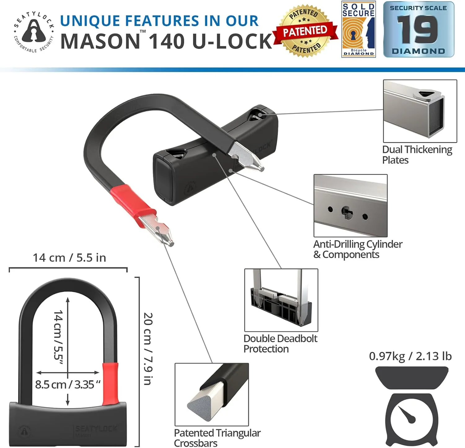 Seatylock Mason Bike U Lock - Patented Heavy Duty Anti Theft Diamond Secure ULock - Ultra Security Bicycle Safety Tool with Keys for City Electric or Mountain Bikes and Scooters