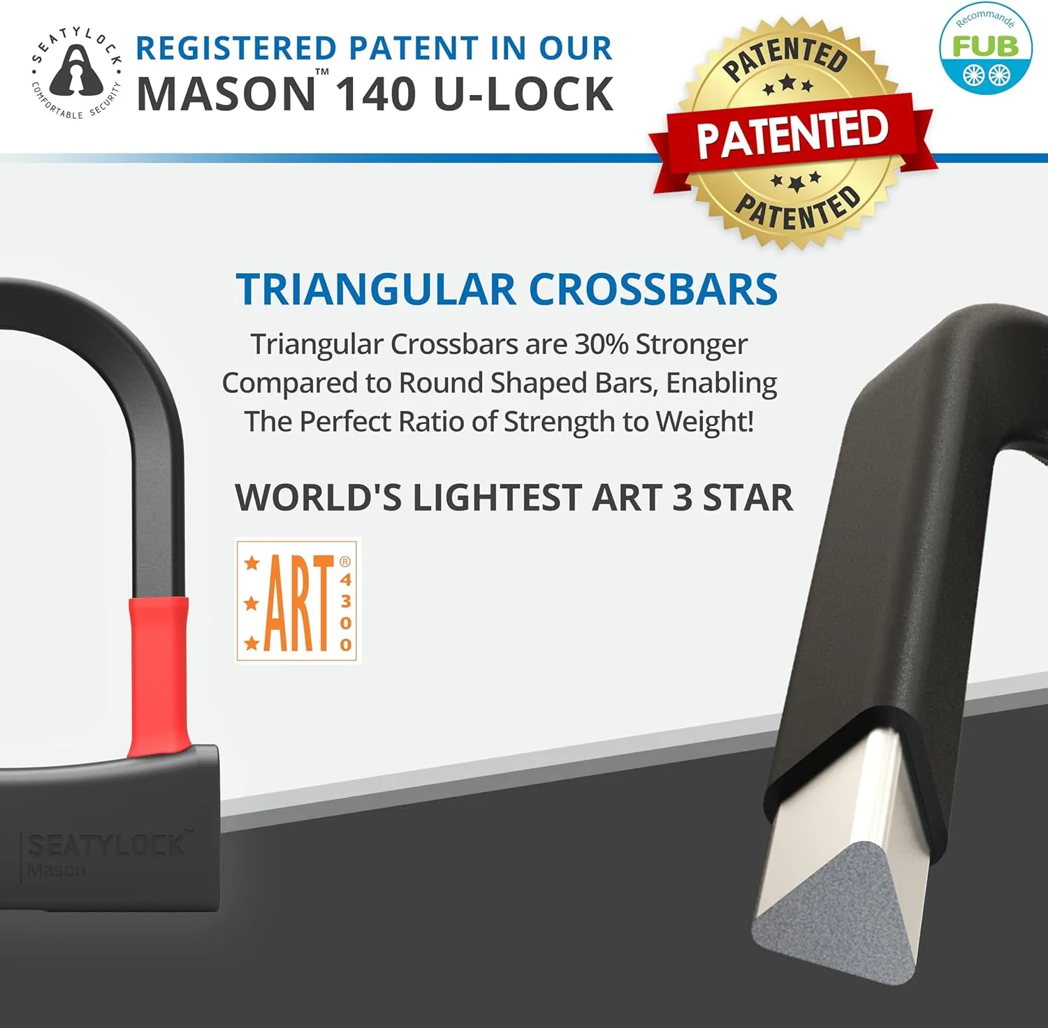 Seatylock Mason Bike U Lock - Patented Heavy Duty Anti Theft Diamond Secure ULock - Ultra Security Bicycle Safety Tool with Keys for City Electric or Mountain Bikes and Scooters