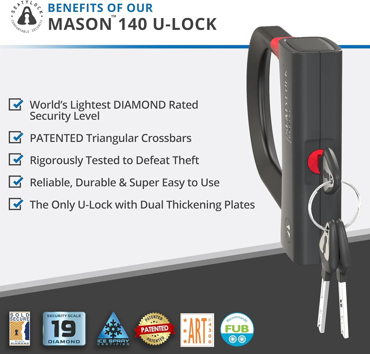 Seatylock Mason Bike U Lock - Patented Heavy Duty Anti Theft Diamond Secure ULock - Ultra Security Bicycle Safety Tool with Keys for City Electric or Mountain Bikes and Scooters