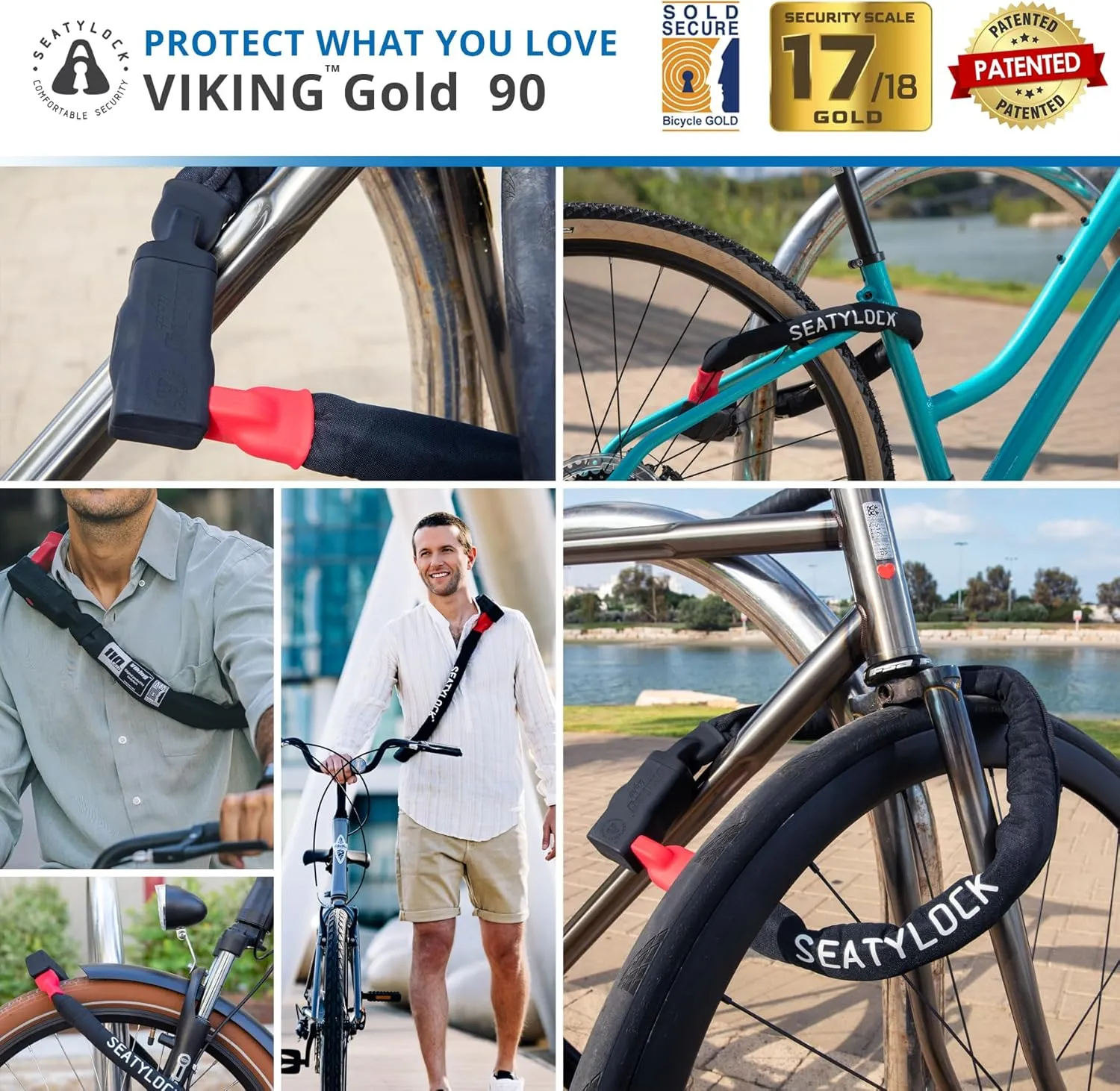 Seatylock Viking Bike Chain Lock with Key - Magnetic Patented Sold Secure Gold Rated - Heavy Duty Anti Theft - Smart Ultra Security Bicycle Lock (35.4 Inch)