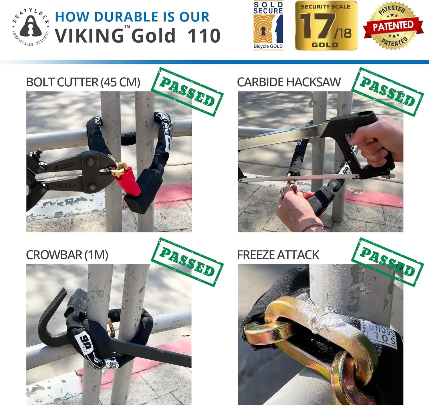 Seatylock Viking Bike Chain Lock with Key - Magnetic Patented Sold Secure Gold Rated - Heavy Duty Anti Theft - Smart Ultra Security Bicycle Lock (43.3 Inch)