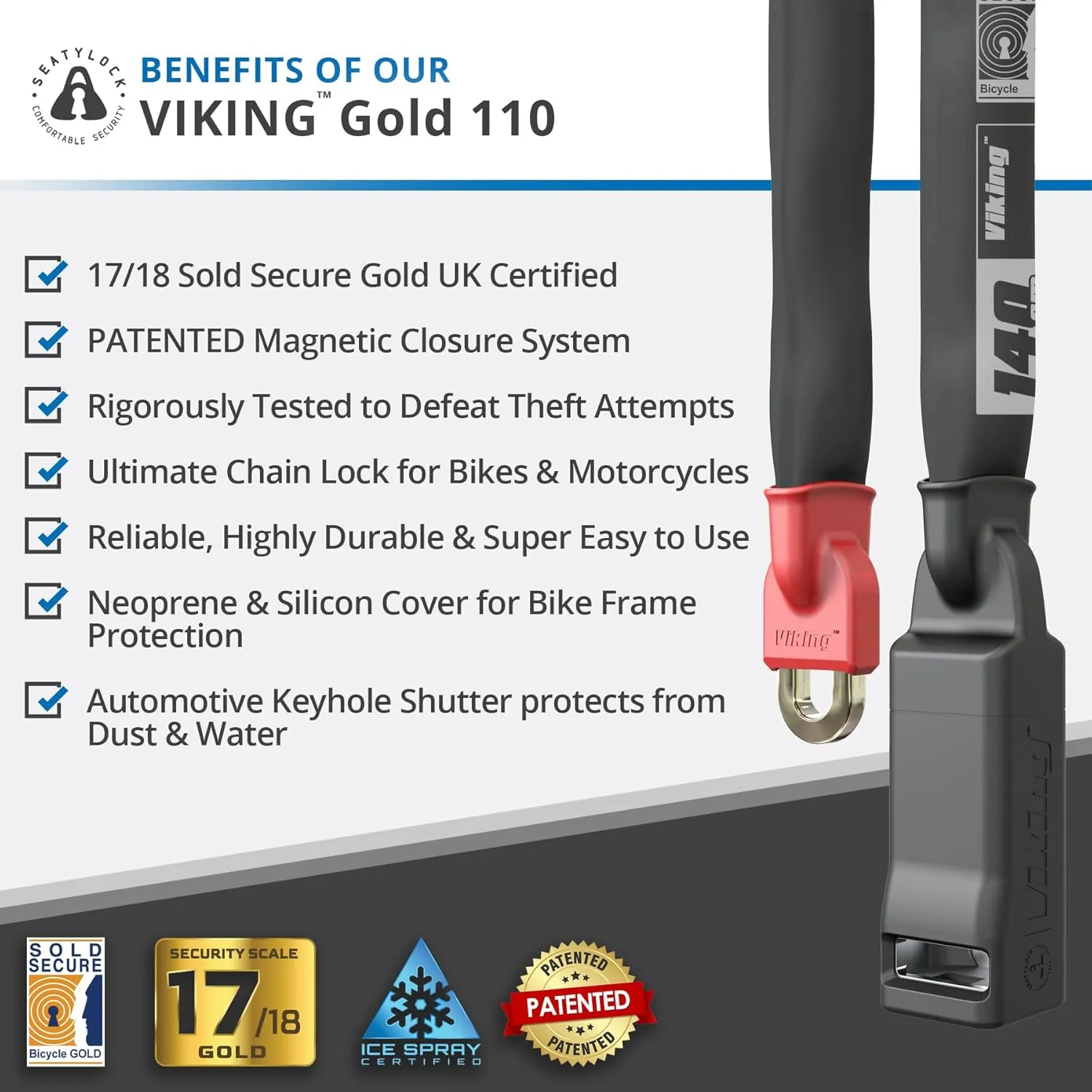 Seatylock Viking Bike Chain Lock with Key - Magnetic Patented Sold Secure Gold Rated - Heavy Duty Anti Theft - Smart Ultra Security Bicycle Lock (43.3 Inch)