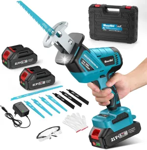 Seesii Reciprocating Saw Cordless, 3500 RPM Brushless Motor with 2 x 4.0Ah Batteries, LED Light, 8 Saw Blades Portable for Wood PVC Cutting (Blue)